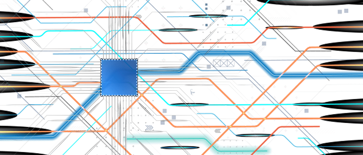 Blue chips with white, orange and blue digital lines;